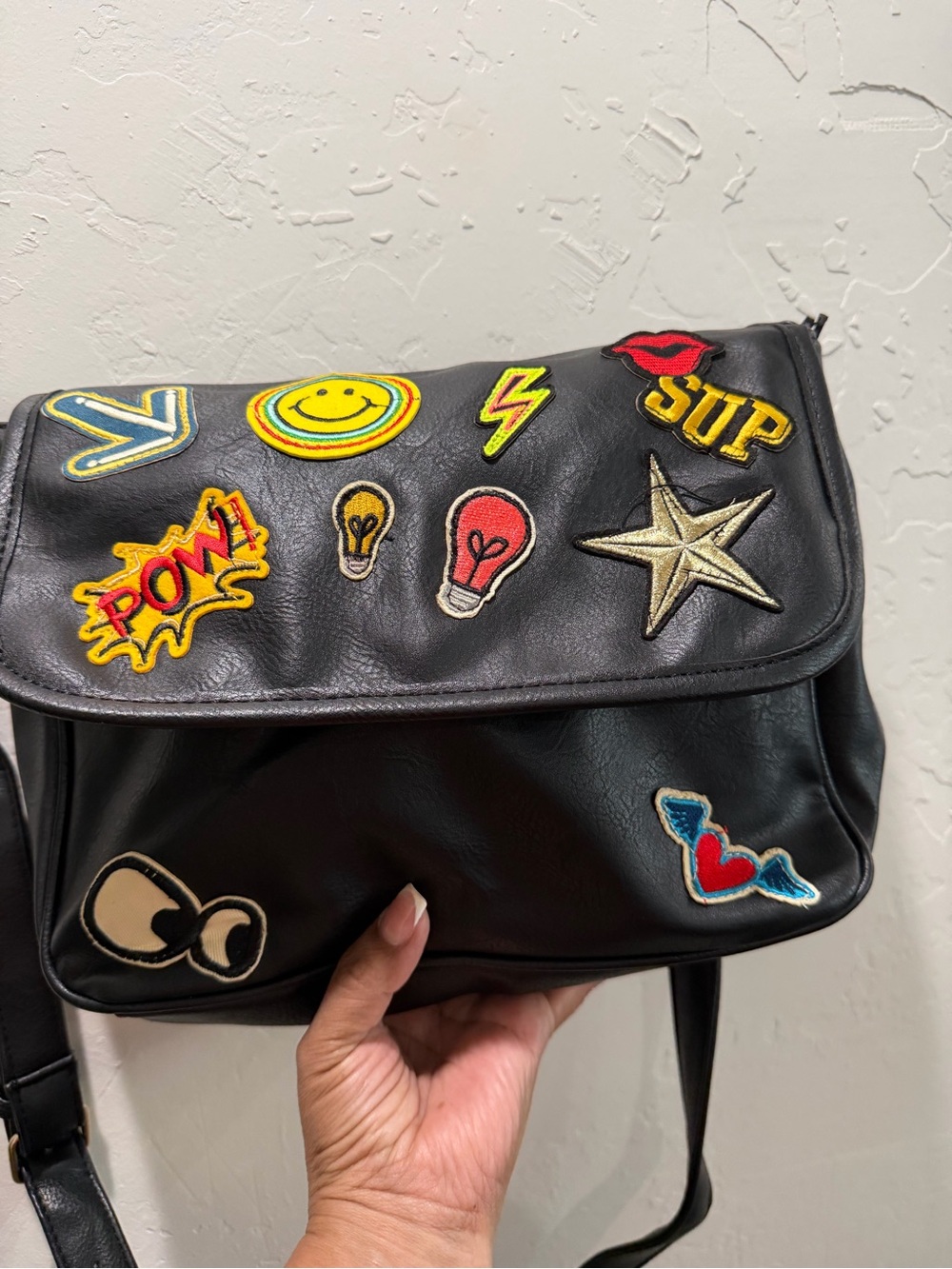 Black Patchwork Crossbody Bag with Colorful Appliqué Patches